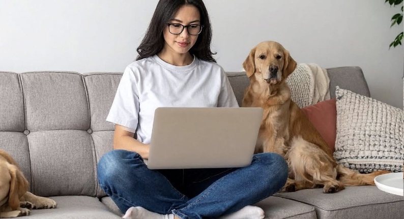 Frau mit Laptop und zwei Hunden auf dem Sofa